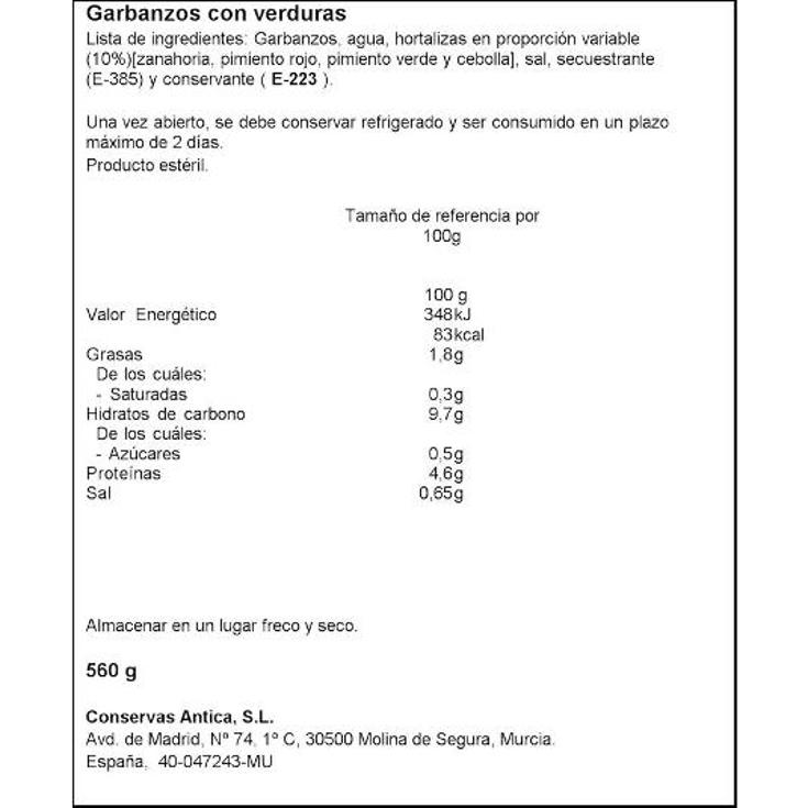 GARBANZO CON VERDURAS LOZANO FRASCO 400 GR