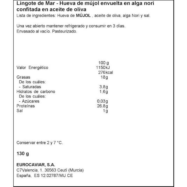 HUEVA MUJOL CONFITADA ALGA NORI LINGOTE MAR UNIDAD 180 GR