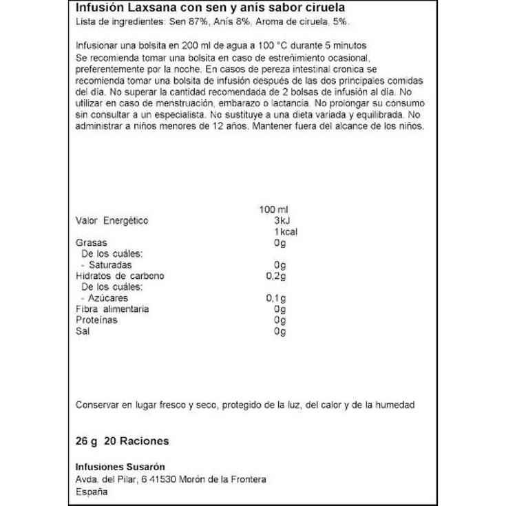 TISANA LAXANA SABOR CIRUELA SUSARON ESTUCH 20 UD