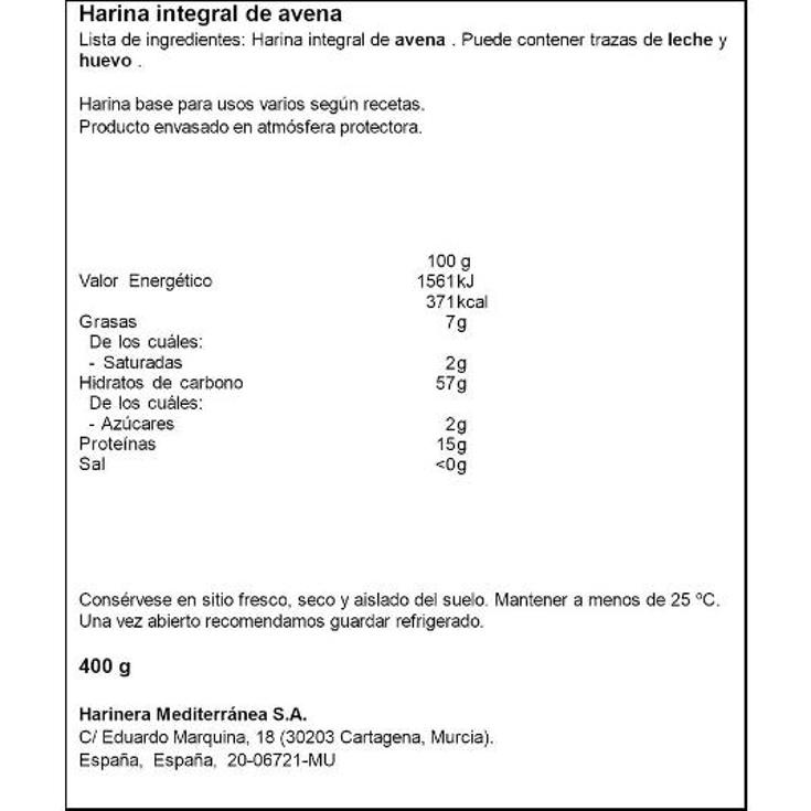 HARINA INTEGRAL DE AVENA HARIMSA BOLSA 400 GR