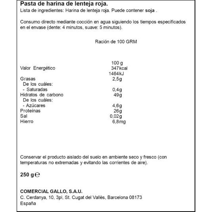 HELICES LENTEJA ROJA NATURE GALLO PQUETE 250 GR
