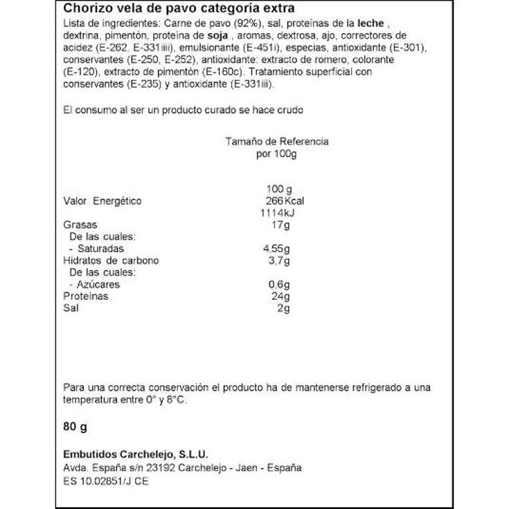 CHORIZO DE PAVO VELA LONCHEADO CARCHELEJO SOBRE 80 GR