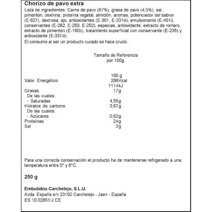 CHORIZO DE PAVO CARCHELEJO PIEZA 250 GR