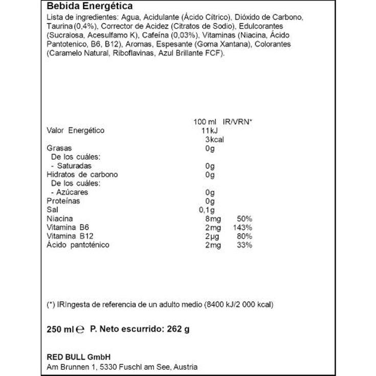 REFRESCO ENERG,LILA S/AZUC RED BULL LATA 250 ML