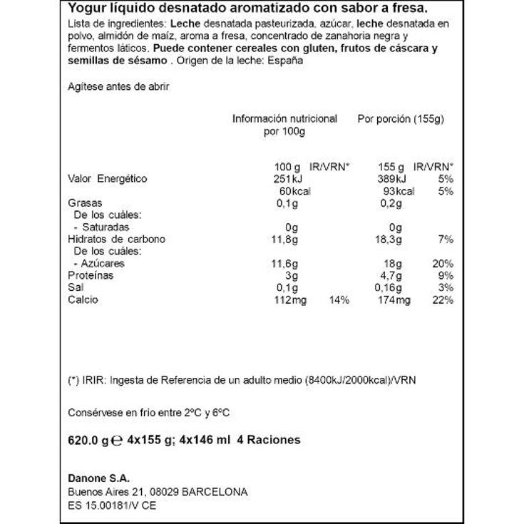 YOGUR BEBER STRAWBERRY 4X155 DANONE PACK 620 GR