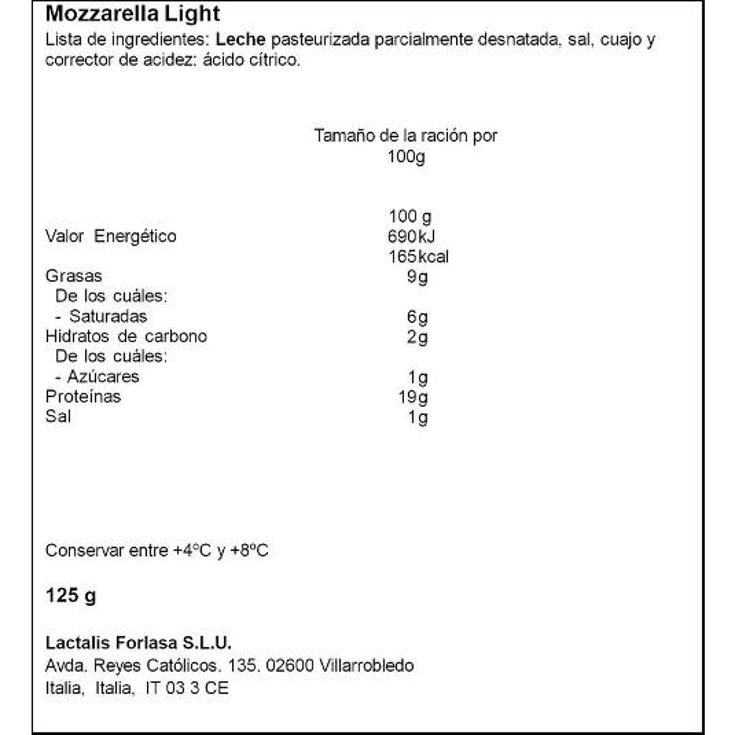 QUESO MOZZARELLA LIGHT GALVANI UNIDAD 125 GR