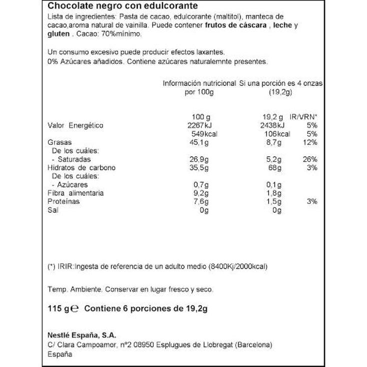 CHOCOLATE NEGRO SIN AZUCAR 70% NESTLE PTILLA 115 GR