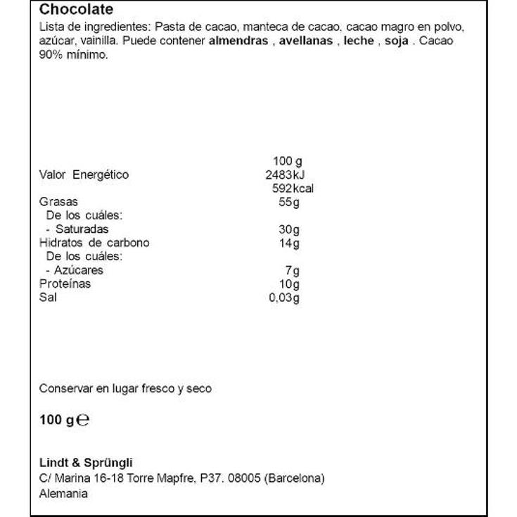 CHOCOLATE 90% CACAO EXCELLENCE LINDT PTLLA 100 GR