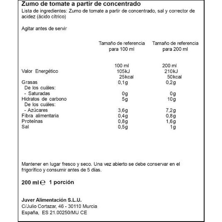 ZUMO TOMATE JUVER BTLLA 200 ML