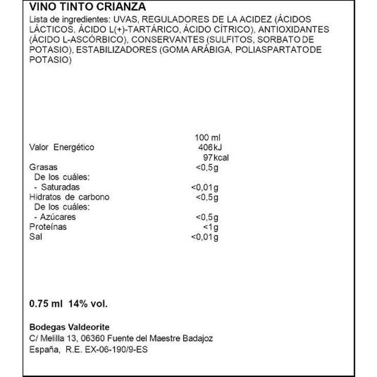 VINO TINTO CRIANZA EXTREM.14º LAR D.BARROS BTLLA 75 CL