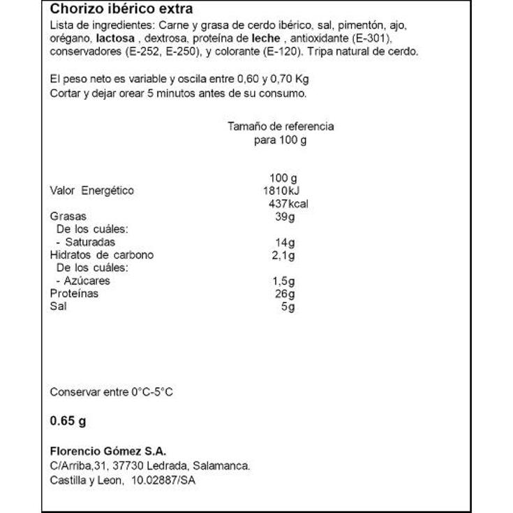 CHORIZO IBERICO EXTRA VELA FLORENCIO G