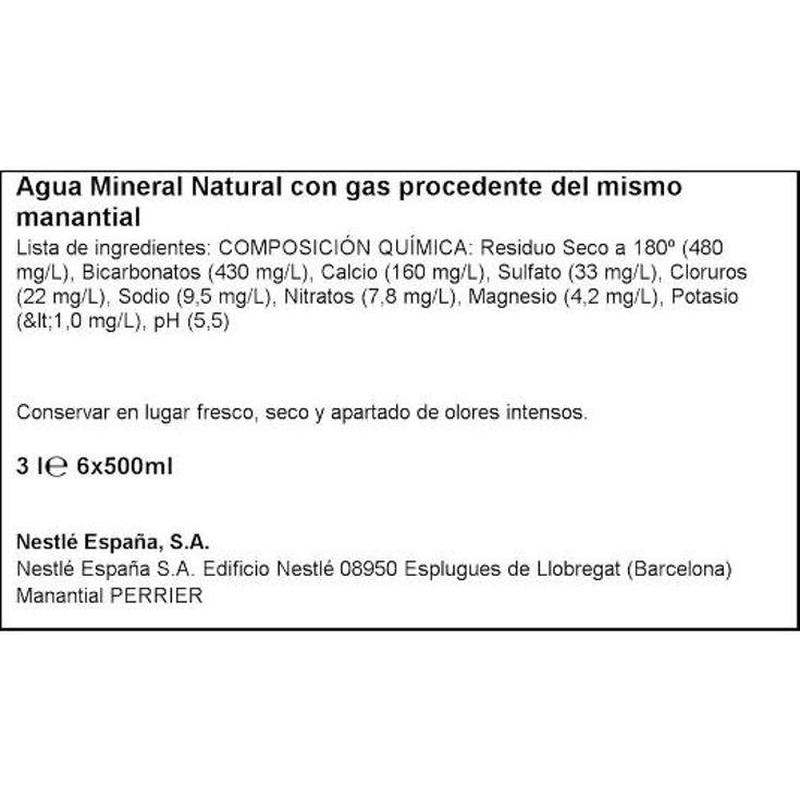 AGUA MINERAL NATURAL CON GAS PERRIER PET 50 CL