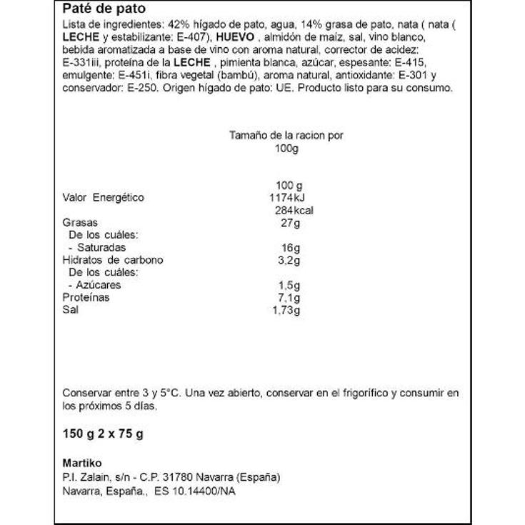 PATE SUPERIOR DE PATO 2X75 MARTIKO PACK 150 GR