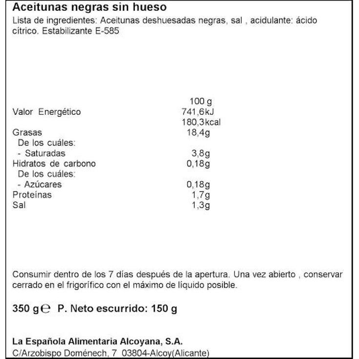 ACEITUNAS NEGRAS SIN HUESO LA ESPAÑOLA LATA 150 GR