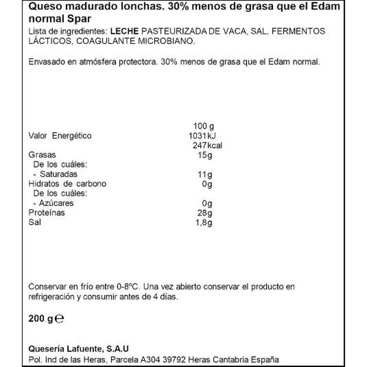 QUESO LONCHAS EDAM LIGHT SPAR SOBRE 200 GR