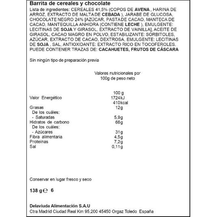 BARRITA MUESLI CHOCO NEGRO X6 SPAR CAJA 6 UD