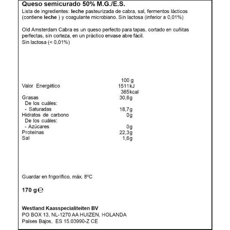 QUESO SEMICURADO CABRA CORTADAS O.AMSTERDAM PQTE 170 GR