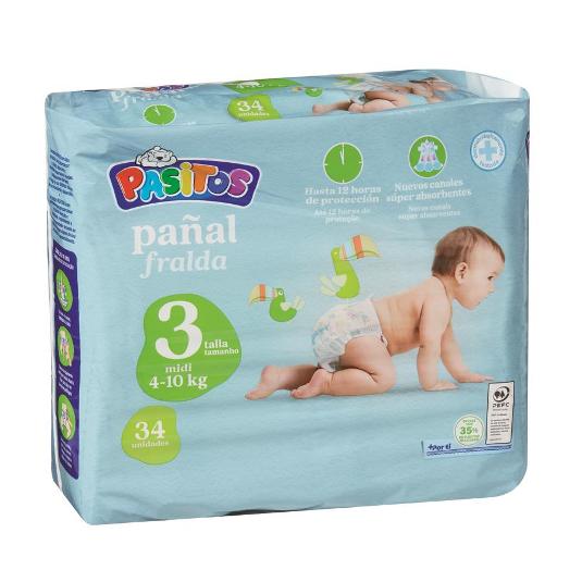 PAÑAL TALLA 3 (4 - 10 KG) PASITOS PQTE 34 UD