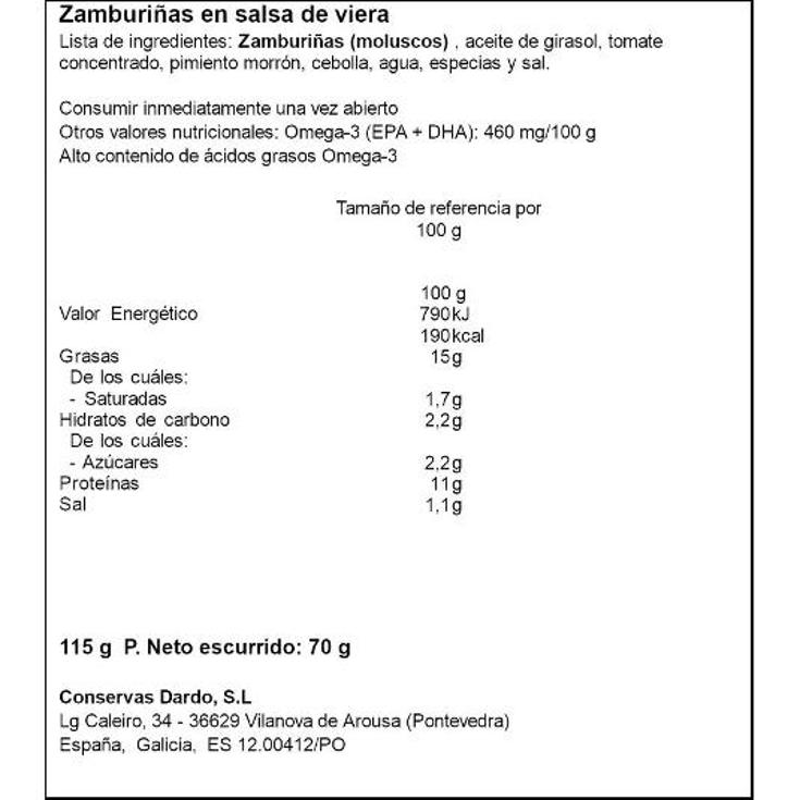 ZAMBURIÑAS EN SALSA VIEIRA DARDO LATA 70 GR