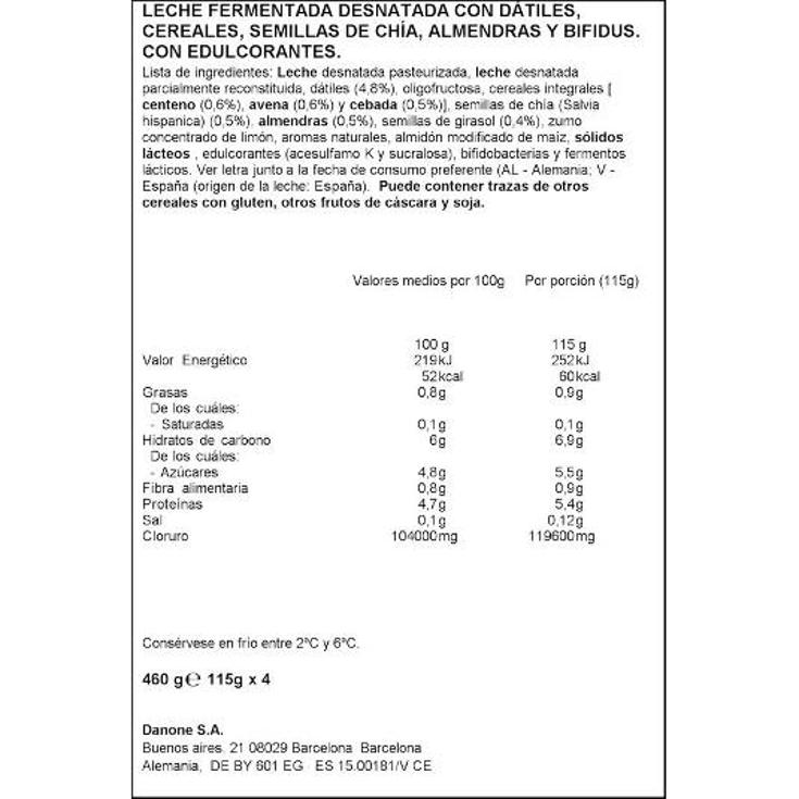 ACTIVIA 0% CHIA ALMENDRA X4 DANONE PACK 460 GR