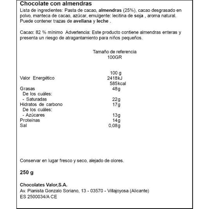 CHOCOLATE 82% CON ALMENDRAS VALOR PTLLA 250 GR