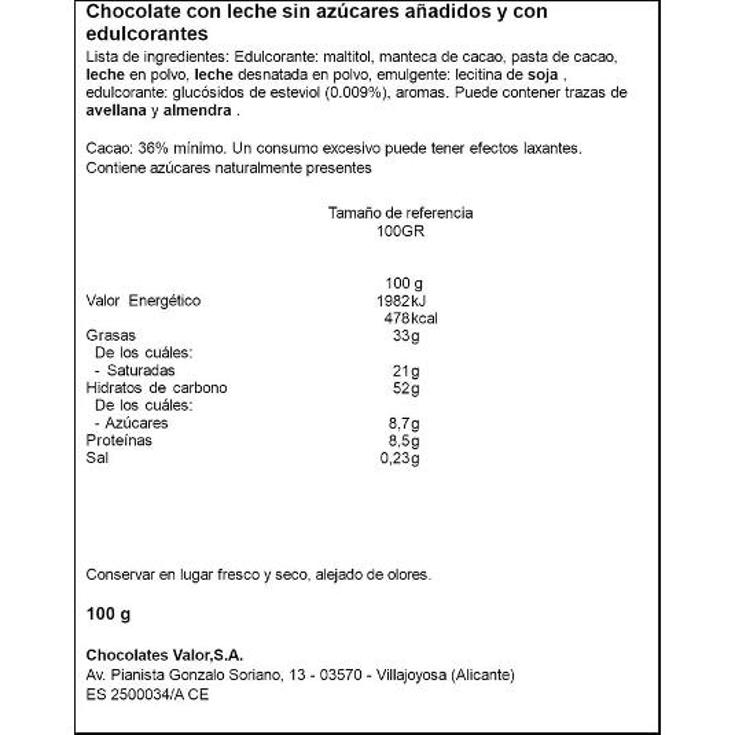 CHOCOLATE LECHE SIN AZUCAR VALOR PTLLA 100 GR