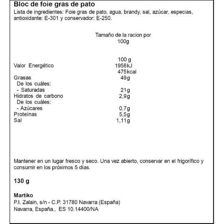 BLOC DE FOIE GRAS DE PATO MARTIKO UNIDAD 130 GR