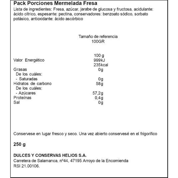 MERMELADA FRESA PORCIONES 10X25 HELIOS PACK 250 GR