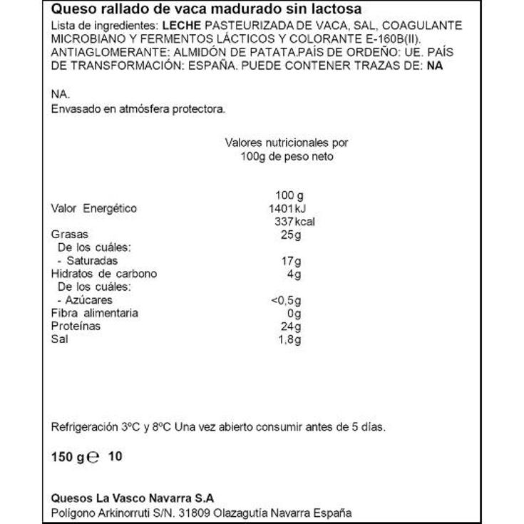 QUESO RALLADO SIN LACTOSA SPAR BOLSA 150 GR