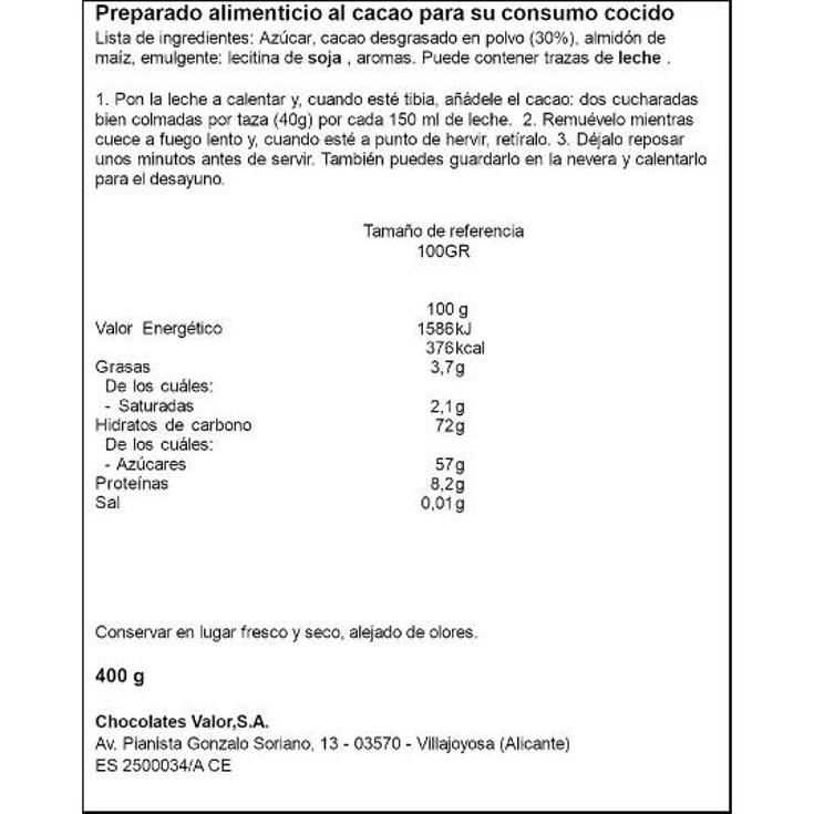 CHOCOLATE TAZA INTENSO POLVO VALORCAO PQTE 400 GR