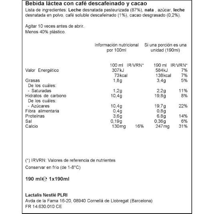 CAFE LATTE CAPPUCCINO DESCAFEIN NESCAFE UNIDAD 190 ML