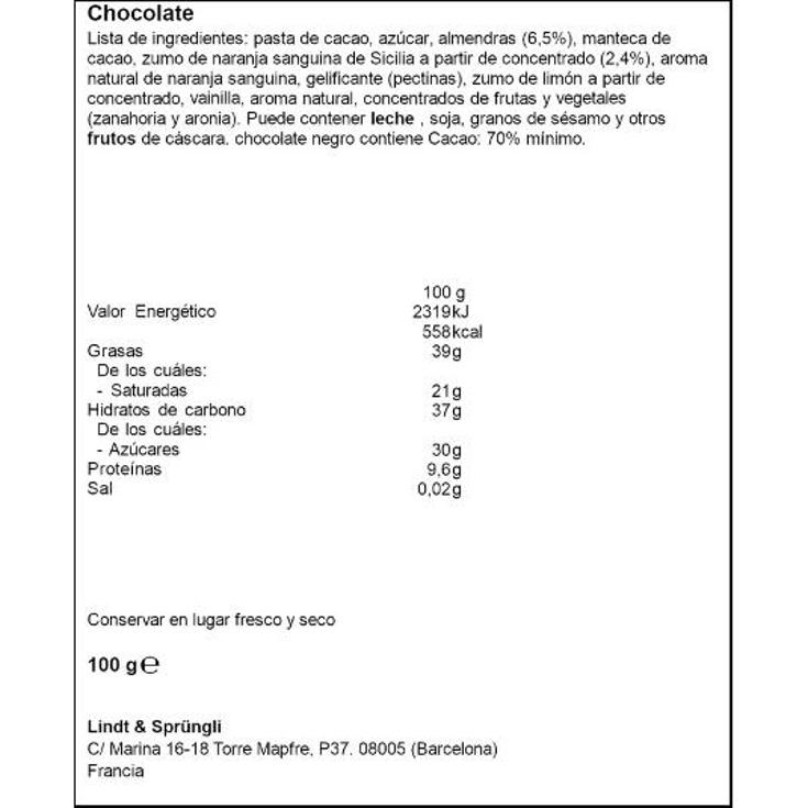 CHOCOLATE 70% CACAO NARANJA LINDT PTLLA 100 GR