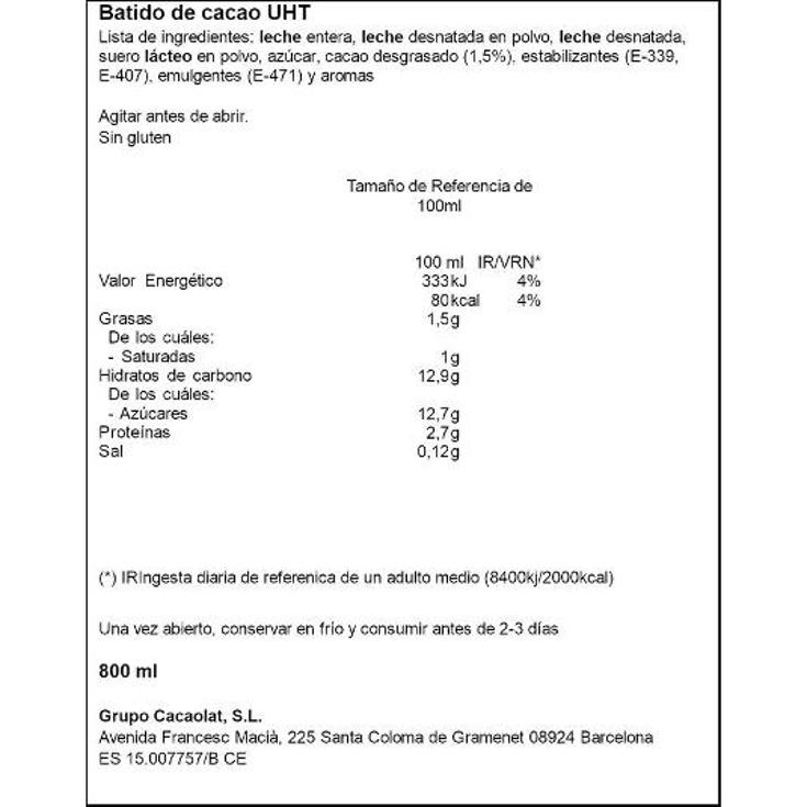BATIDO CACAO 4X200 ML CACAOLAT PACK 800 ML