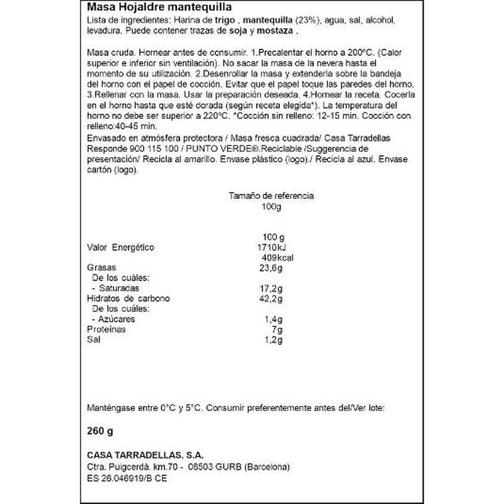 MASA HOJALDRE MANTEQUILLA TARRADELLAS UNIDAD 260 GR
