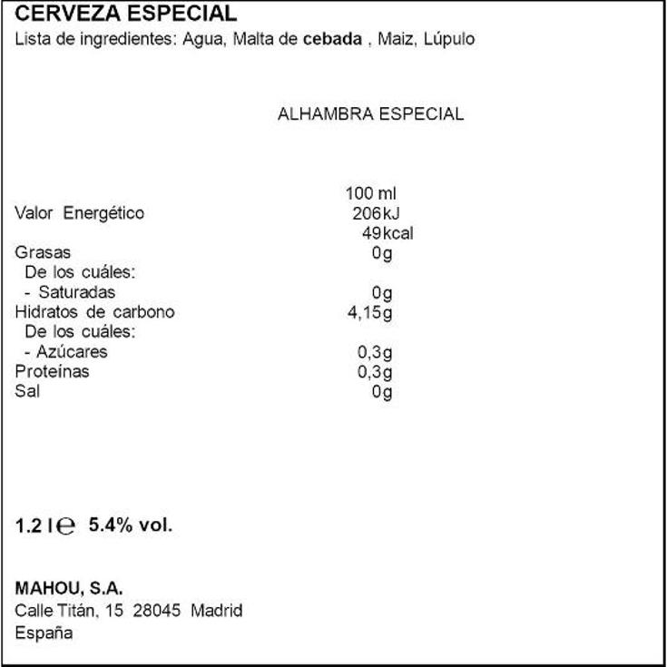 CERVEZA LAGER ESPEC.5,4º 6X20 ALHAMBRA PACK 120 CL