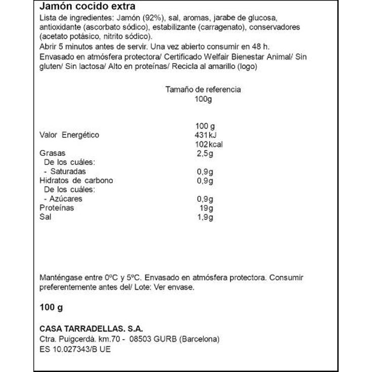 JAMON COCIDO EXTRAFINO TARRADELLAS SOBRE 100 GR
