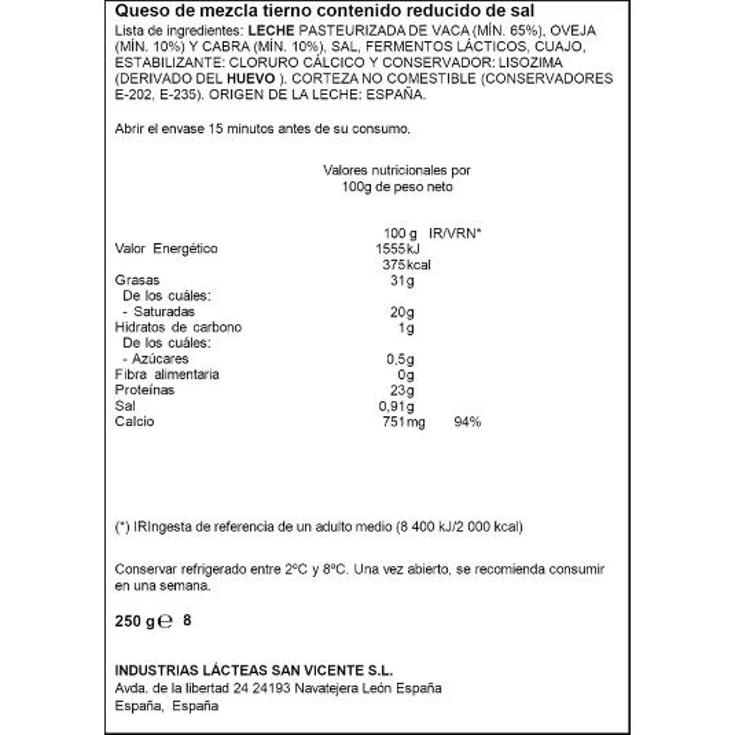 QUESO TIERNO BAJO SAL SPAR CUÑA 250 GR