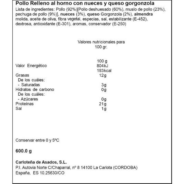 POLLO RELLENO NUECES GORGONZOLA LA CARLOTEÑA UNIDAD 600 GR