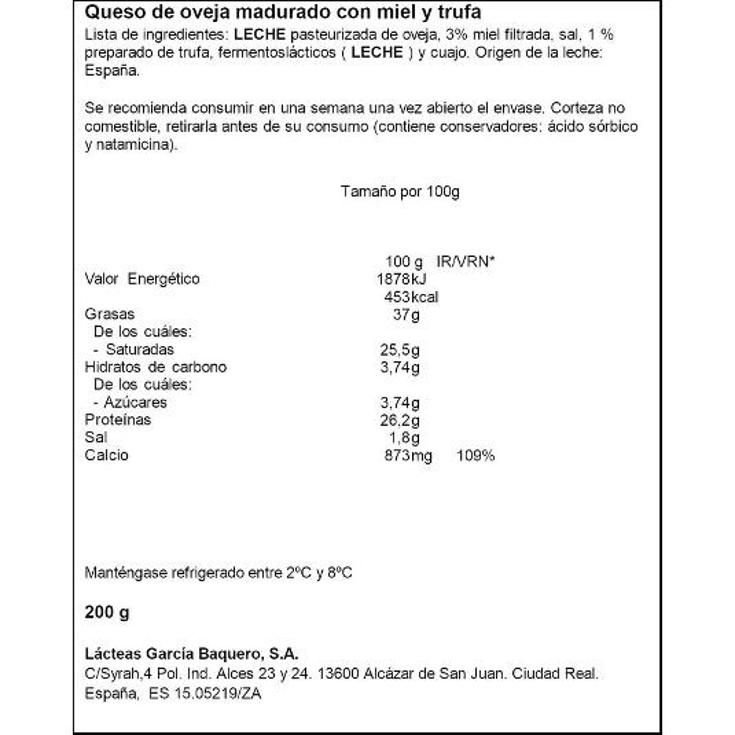 QUESO CUÑA OVEJA RVA.MIEL+TRUFA GARCIA BAQUE UNIDAD 200 GR