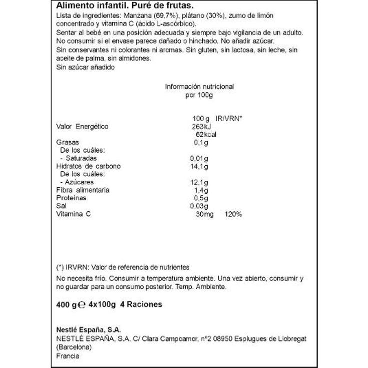 PURE FRUTA MANZ/PLAT. 4X100G NESTLE PACK 400 GR