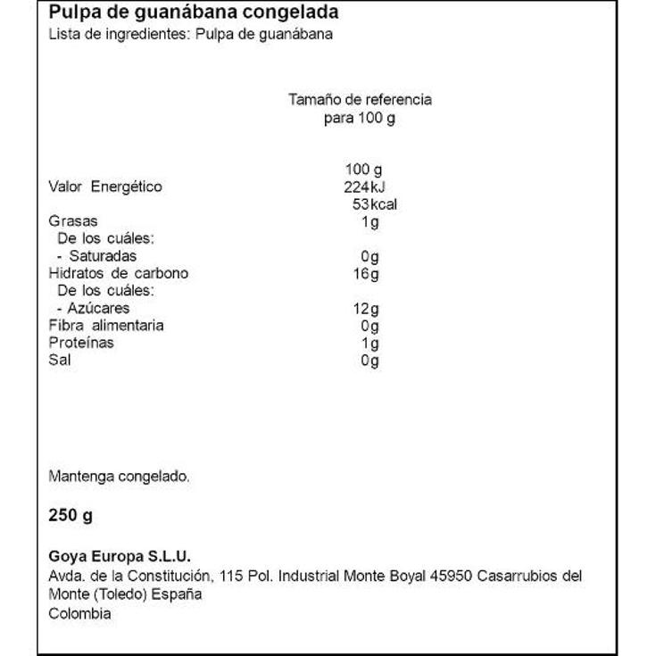 PULPA DE GUANABANA GOYA PQTE 250 GR