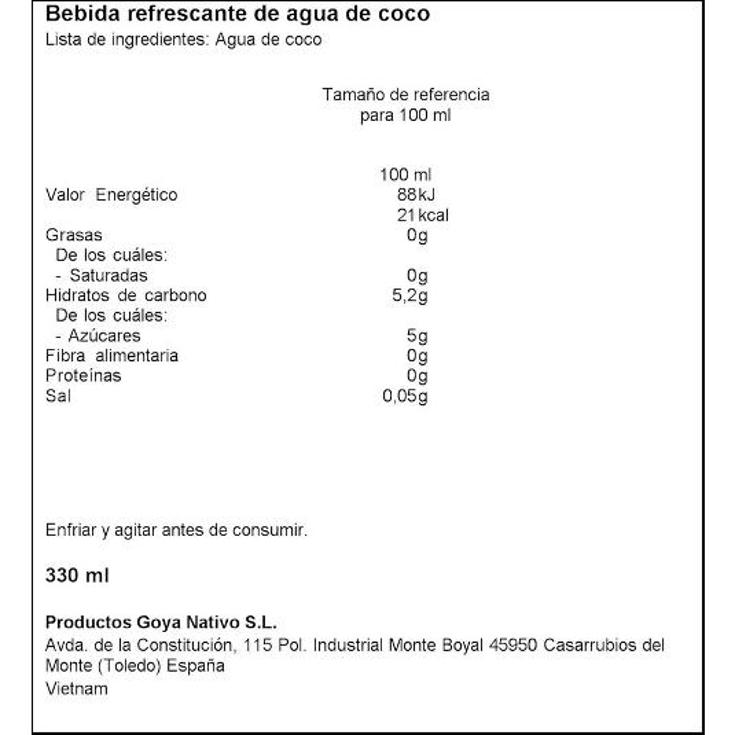 AGUA COCO PURA 100% GOYA BRICK 330 ML