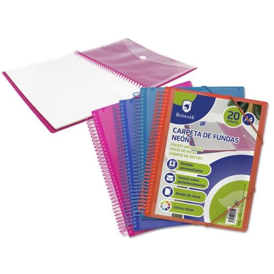 CARPETA ESPIRAL 20 FUNDAS NEON BISMARK UNIDAD