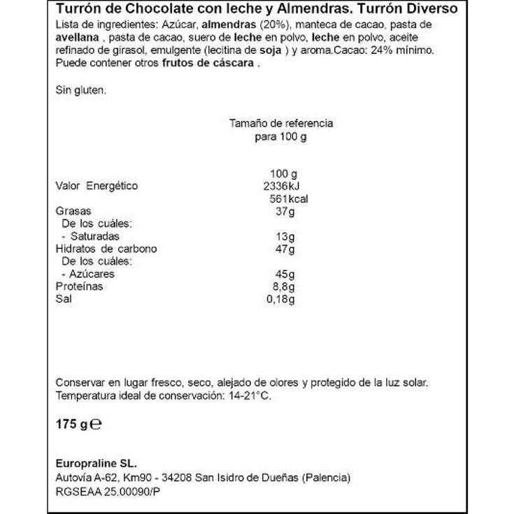 TURRON CHOCO.LECHE C/ALMENDRAS TRAPA PTLLA 175 GR