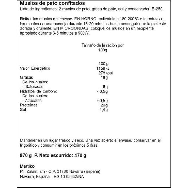 CONFIT DE PATO (2+1 MUSLO) MARTIKO LATA 870 GR