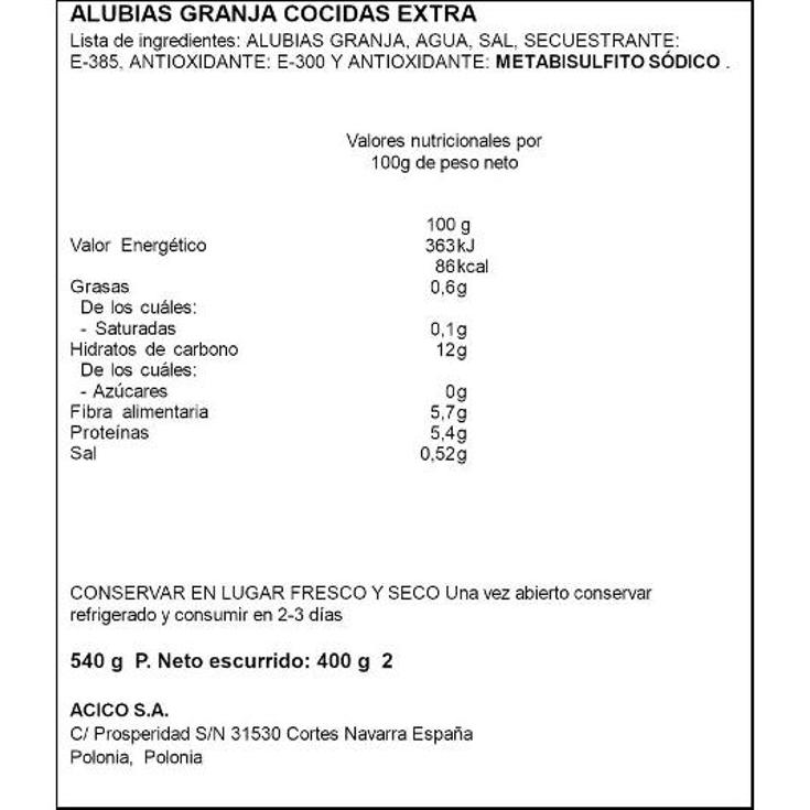 ALUBIA GRANJA COCIDA EXTRA SPAR FRASCO 540 GR