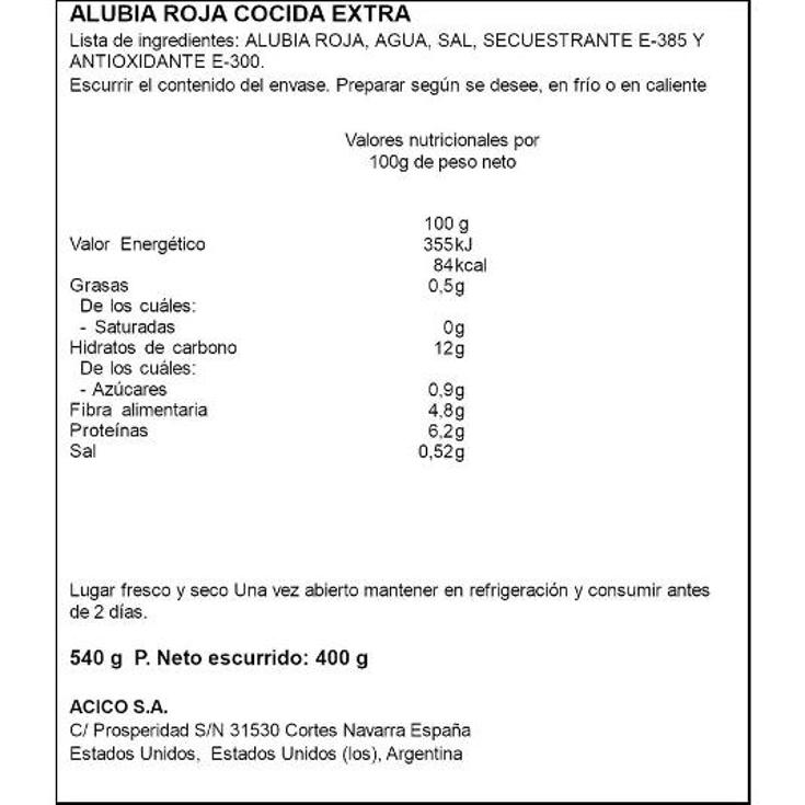 ALUBIA ROJA COCIDA EXTRA SPAR FRASCO 540 GR