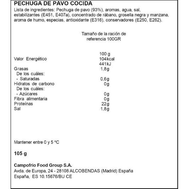 PECHUGA PAVO COCIDA NATURARTE SOBRE 105 GR
