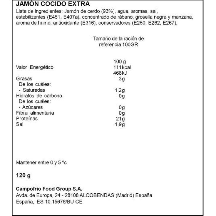 JAMON COCIDO EXTRA NATURARTE SOBRE 120 GR