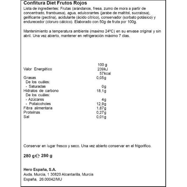 CONFITURA 0% FRUTOS ROJOS HERO FRASCO 280 GR